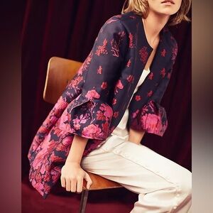 Anthropologie Navy and Pink Floral Pea Coat